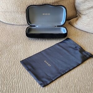 Gucci Black and Gray Glasses Case With Drawstring Dust Bag